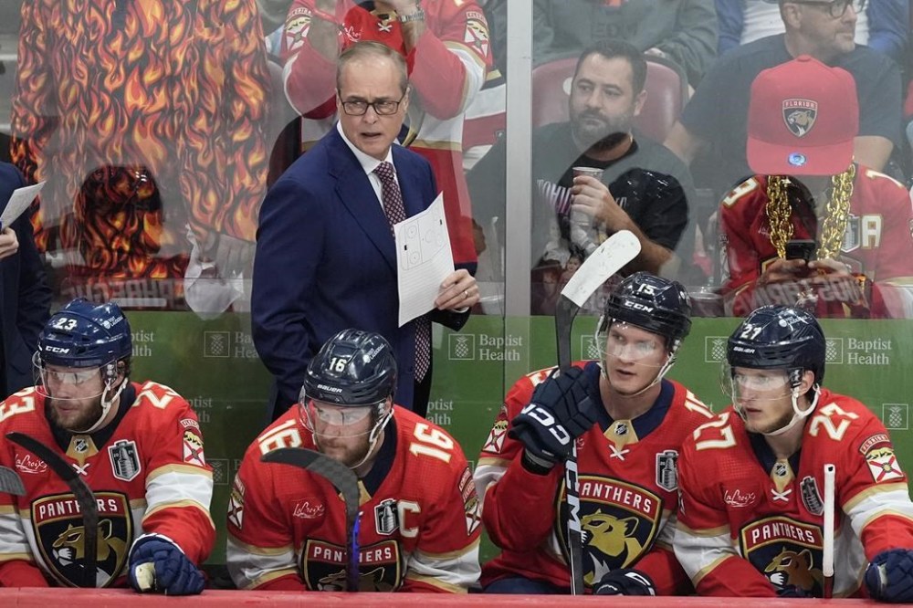 Florida Panthers head coach Paul Maurice reacts during the second period of Game 7 of the NHL hockey Stanley Cup Final against the Edmonton Oilers, Monday, June 24, 2024, in Sunrise, Fla. (AP Photo/Rebecca Blackwell)
