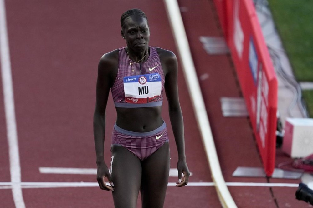Athing Mu walks off after falling in the women's 800-meter final during the U.S. Track and Field Olympic Team Trials Monday, June 24, 2024, in Eugene, Ore. (AP Photo/Chris Carlson)