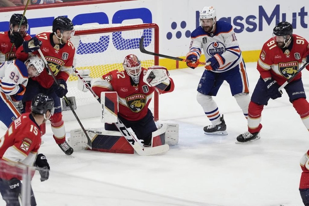 Florida Panthers goaltender Sergei Bobrovsky (72) stops a shot on goal during during the second period of Game 7 of the NHL hockey Stanley Cup Final against the Edmonton Oilers, Monday, June 24, 2024, in Sunrise, Fla. (AP Photo/Rebecca Blackwell)