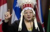 National Chief of the Assembly of First Nations Cindy Woodhouse Nepinak speaks during a news conference on Parliament Hill, Wednesday, April 17, 2024 in Ottawa. Nepinak says the AFN is about to finalize a deal with Ottawa on child-welfare reforms that will top the $20 billion promised as part of a landmark settlement. THE CANADIAN PRESS/Adrian Wyld