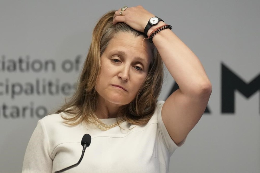Deputy Prime Minister Chrystia Freeland faces questions from journalists at an availability in Toronto on Monday, June 25, 2024. Progressive Conservative Don Stewart won the previously safe Liberal seat of the Toronto-St.Paul's from the Liberals in the previous night's Federal byelection, THE CANADIAN PRESS/Chris Young