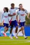 Spain's Lamine Yamal, left, takes part in a training session with his teammate Spain's Fermin at their base camp in Donaueschingen, Germany, Tuesday, June 25, 2024. (AP Photo/Manu Fernandez)