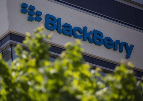 The BlackBerry logo located in the front of the company's B building in Waterloo, Ont., Tuesday, May 29, 2018. THE CANADIAN PRESS/Andrew Ryan