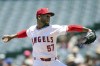 Los Angeles Angels pitcher Roansy Contreras (57) throws during the first inning of a baseball game against the Oakland Athletics in Anaheim, Calif., Wednesday, June 26, 2024. (AP Photo/Eric Thayer)