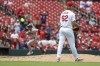 St. Louis Cardinals relief pitcher Kyle Leahy returns to the mound after giving up a two-run home run to Atlanta Braves' Jarred Kelenic during the sixth inning in the first game of a baseball doubleheader Wednesday, June 26, 2024, in St. Louis. (AP Photo/Scott Kane)
