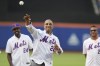 Willie Mays' son, Michael Mays, throws out a ceremonial first pitch before a baseball game between the New York Mets and the New York Yankees, Wednesday, June 26, 2024, in New York. (AP Photo/Frank Franklin II)