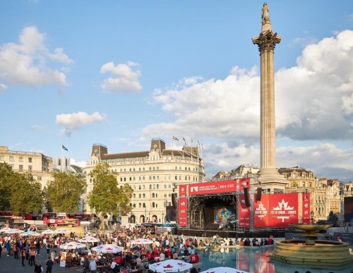 People celebrate Canada Day in Trafalgar Square in London, Eng. in a July 1, 2023 handout photo. 
As Canadians celebrate the country's 157th birthday this weekend, one of the biggest parties will take place across the Atlantic Ocean. THE CANADIAN PRESS/HO-Joel Knight **MANDATORY CREDIT**