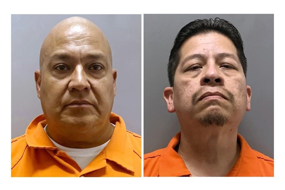 This combo of booking images provided by Uvalde County, Texas, Sheriff's Office, shows Pete Arredondo, left, the former police chief for schools in Uvalde, Texas, and Adrian Gonzales, a former police officer for schools in Uvalde, Texas, Both men were arrested and booked into jail before they were released on charges related to the May 24, 2022, attack that killed 19 children and two teachers at at Robb Elementary. (Uvalde County Sheriff's Office via AP)