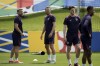 England's Harry Kane, center, smiles during a training session in Blankenhain, Germany, Saturday, June 29, 2024 ahead of the round of 16 soccer match against Slovakia at the Euro 2024 soccer tournament. (AP Photo/Thanassis Stavrakis)
