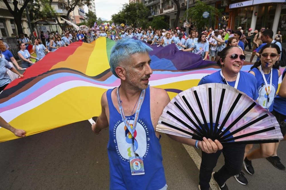 Revellers take part in EuroPride, a pan-European international LGBTI event featuring a Pride parade which is hosted in a different European city each year, in the northern port city of Thessaloniki, Greece, Saturday, June 29, 2024. (AP Photo/Giannis Papanikos)