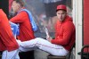 Los Angeles Angels center fielder Mike Trout sits in the dugout during the first inning of the team's baseball game against the Oakland Athletics, Tuesday, June 25, 2024, in Anaheim, Calif. (AP Photo/Ryan Sun)