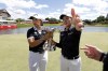 Ruoning Yin, left, and Atthaya Thitikul, right, hold the trophy after winning the Dow Championship LPGA golf tournament, Sunday, June 30, 2024, at Midland Country Club in Midland, Mich. (AP Photo/Al Goldis)