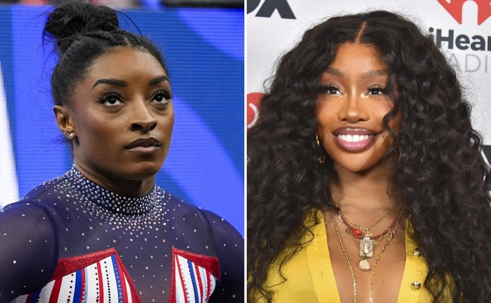 This combination photo shows gymnast Simone Biles at the United States Gymnastics Olympic Trials June 30, 2024, in Minneapolis, left, and SZA at the iHeartRadio Music Awards April 1, 2024, in Los Angeles. (AP Photo)
