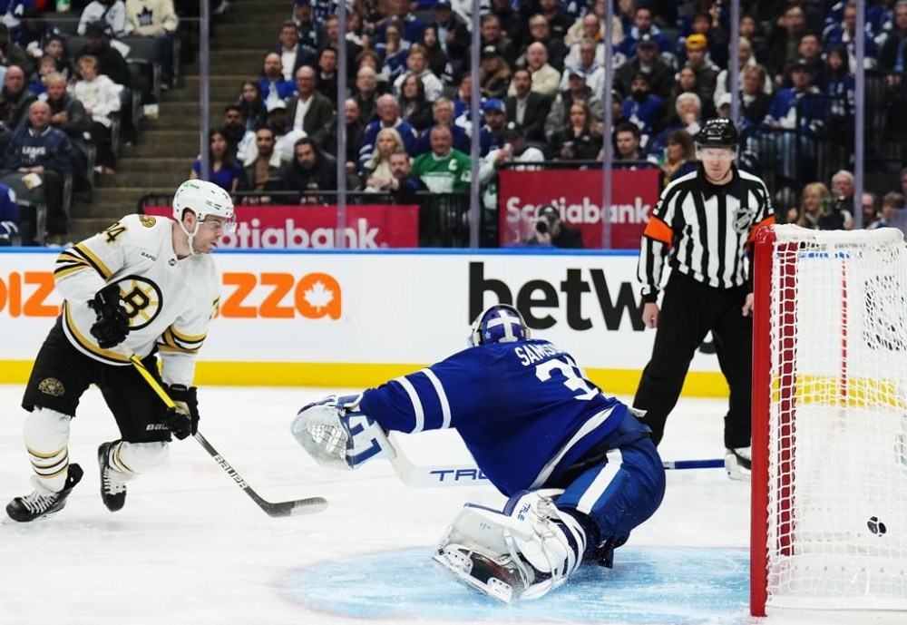 Boston Bruins' Jake DeBrusk (74) scores on Toronto Maple Leafs goaltender Ilya Samsonov (35) during third period action in Game 3 of an NHL hockey Stanley Cup first-round playoff series in Toronto on Wednesday, April 24, 2024.
The Vancouver Canucks have signed left-winger DeBrusk to a seven-year deal. THE CANADIAN PRESS/Nathan Denette