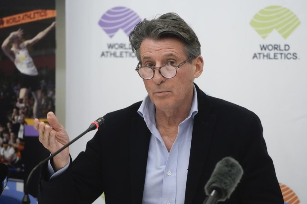 FILE - World Athletics President Sebastian Coe holds a press conference at the conclusion of the World Athletics meeting at the Italian National Olympic Committee, headquarters in Rome, Wednesday, Nov. 30, 2022. World Athletics leader Sebastian Coe visited Ukraine President Volodymyr Zelenskyy in Kyiv over the weekend, reiterating his sport's support for the war-torn country and inviting Zelenskyy to the track and field meet at the Paris Olympics.(AP Photo/Gregorio Borgia, File)