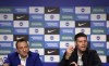 Brighton and Hove Albion's owner Tony Bloom, left and new manager Fabian Hurzel take part in a press conference at the American Express Elite Football Performance Centre, in Brighton, England, Tuesday July 2, 2024. Texas-born Hurzeler has been appointed Brighton coach and become the youngest to ever take charge of an English Premier League club. (Steven Paston/PA via AP)