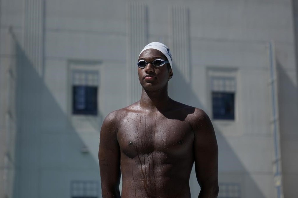 Ziyad Saleem poses in Berkeley, Calif., Tuesday, May 28, 2024. Saleem, a University of California swimmer, is headed to the Paris Olympics to swim for Sudan, his parents' home country and one almost all of his relatives have now fled because of war and a massive humanitarian crisis. (AP Photo/Jeff Chiu)