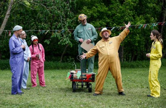 The cast of Shakespeare in the Ruins rehearses at Trappist Monastery park this week, which saw challenging wet weather for the outdoor production. (John Woods / Free Press files)