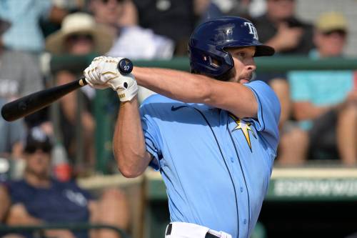 Phelan M. Ebenhack / The Associated Press Files
                                Tristan Peters hits a two-run single during a Tampa Bay Rays&rsquo; spring training baseball game against the New York Yankees, in 2023.