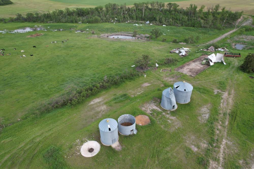 Northern Tornadoes Project
Farm buildings, grain silos and trees were damaged by a tornado near St. Alphonse and Swan Lake First Nation on June 12.