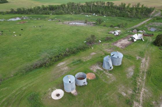 Farm buildings, grain silos and trees were damaged by a tornado near St. Alphonse and Swan Lake First Nation on June 12. (Northern Tornadoes Project)