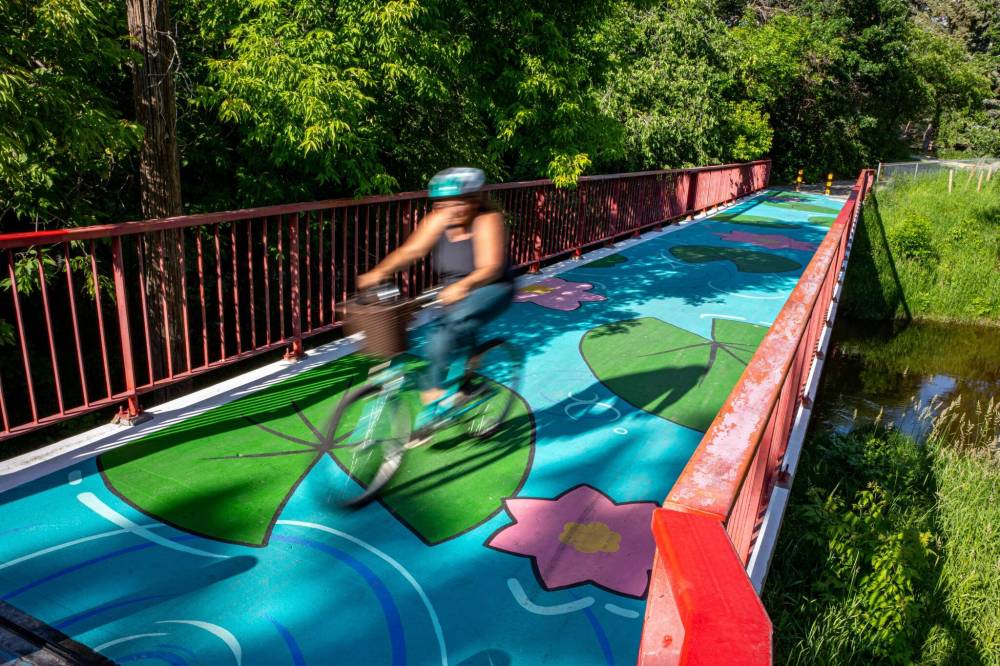 NIC ADAM / FREE PRESS
Artist Kale Sheppard chose a lily theme for the Niakwa Bridge over the Seine River.