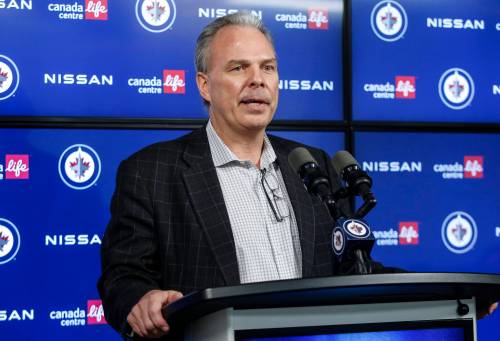Winnipeg Jets General Manager Kevin Cheveldayoff speaks to media during a post playoff press conference in Winnipeg, Thursday, May 2, 2024. THE CANADIAN PRESS/John Woods
