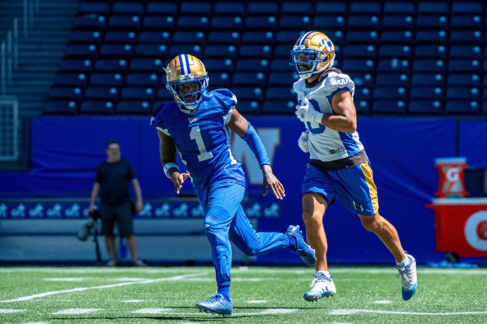 NIC ADAM / FREE PRESS
Winnipeg Blue Bombers’ Deatrick Nichols (1) practicing at Princess Auto Stadium Monday.