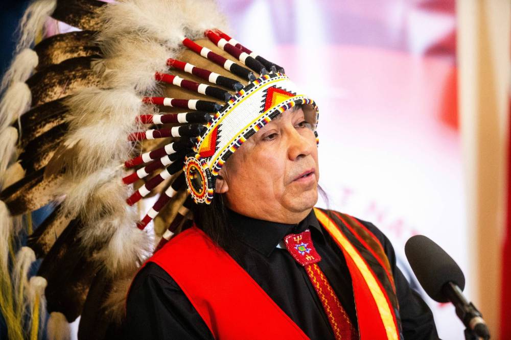 MIKAELA MACKENZIE / FREE PRESS Sapotaweyak Cree Nation chief Nelson Genaille speaks at a signing ceremony between three First Nations and the province of Manitoba at the Manitoba Legislative Building on Friday, June 28, 2024. For Martin Cash story.