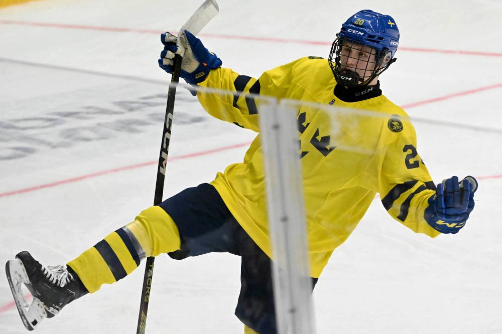 LEHTIKUVA / JUSSI NUKARI
Alfons Freij of Sweden celebrates a goal during the 2024 IIHF U18 world championships in May. The Winnipeg Jets selected the defenceman in the second round of the 2024 NHL Draft on Saturday in Las Vegas.