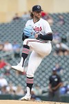 Minnesota Twins starting pitcher Chris Paddack delivers against the Oakland Athletics during the first inning of the second game of a baseball doubleheader, Sunday, June 16, 2024, in Minneapolis. (AP Photo/Matt Krohn)