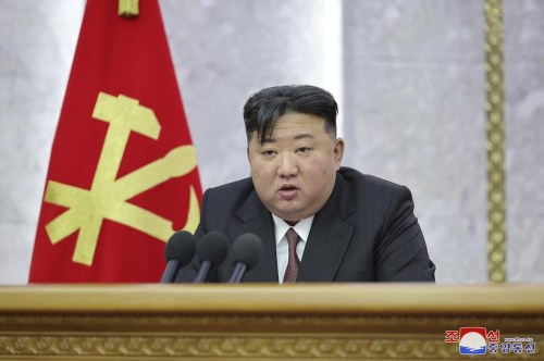 In this photo provided on Tuesday, July 2, 2024, by the North Korean government, North Korean leader Kim Jong Un delivers a speech during a meeting of Central Committee of the Workers' Party of Korea held from June 28 until July 1, in Pyongyang, North Korea. Independent journalists were not given access to cover the event depicted in this image distributed by the North Korean government. The content of this image is as provided and cannot be independently verified. Korean language watermark on image as provided by source reads: 