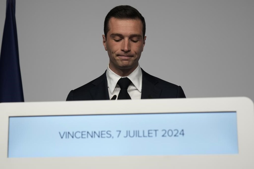 FILE - Far-right National Rally party president Jordan Bardella delivers a speech after the second round of the legislative election, Sunday, July 7, 2024 at the party election night headquarters in Paris. Jordan Bardella, Marine Le Pen's 28-year-old protégé who she'd been hoping to install as prime minister, grumbled that