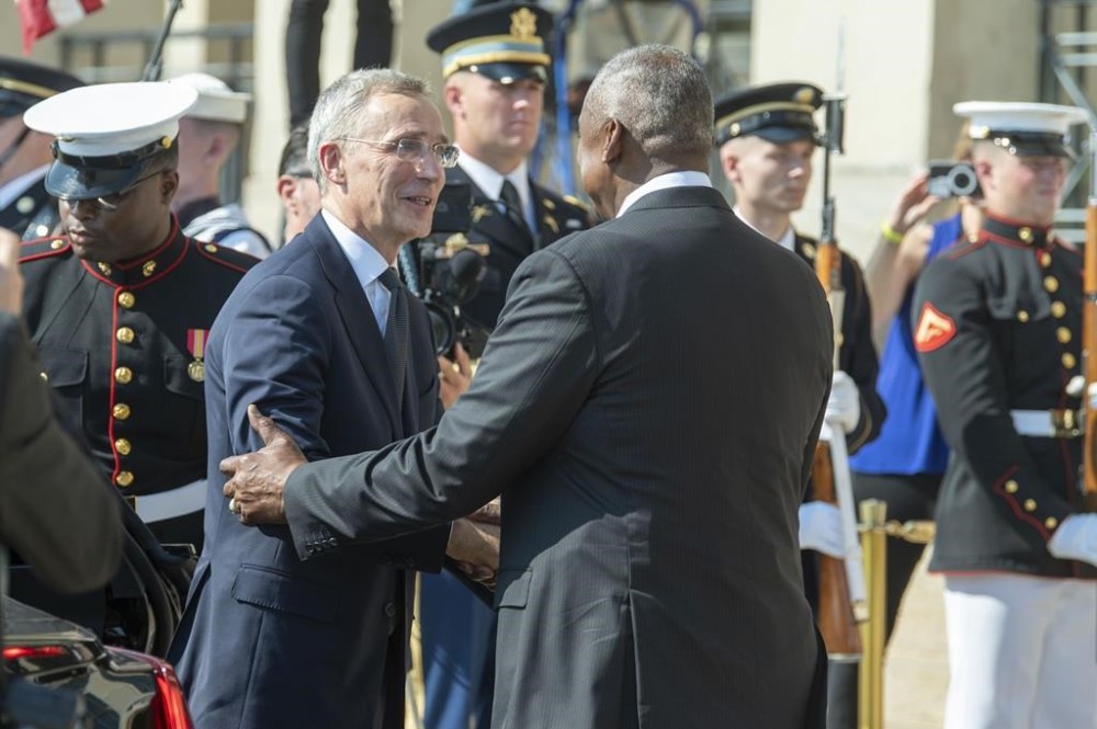 Defense Secretary Lloyd Austin, right, welcomes NATO Secretary General Jens Stoltenberg to the Pentagon on Monday, July 8, 2024 in Washington. (AP Photo/Kevin Wolf)