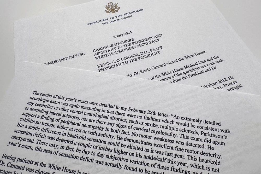 The memorandum released by the White House from President Joe Biden's physician Kevin C. O'Connor to White House press secretary Karine Jean-Pierre is photographed Monday, July 8, 2024, in Washington. (AP Photo/Jon Elswick)