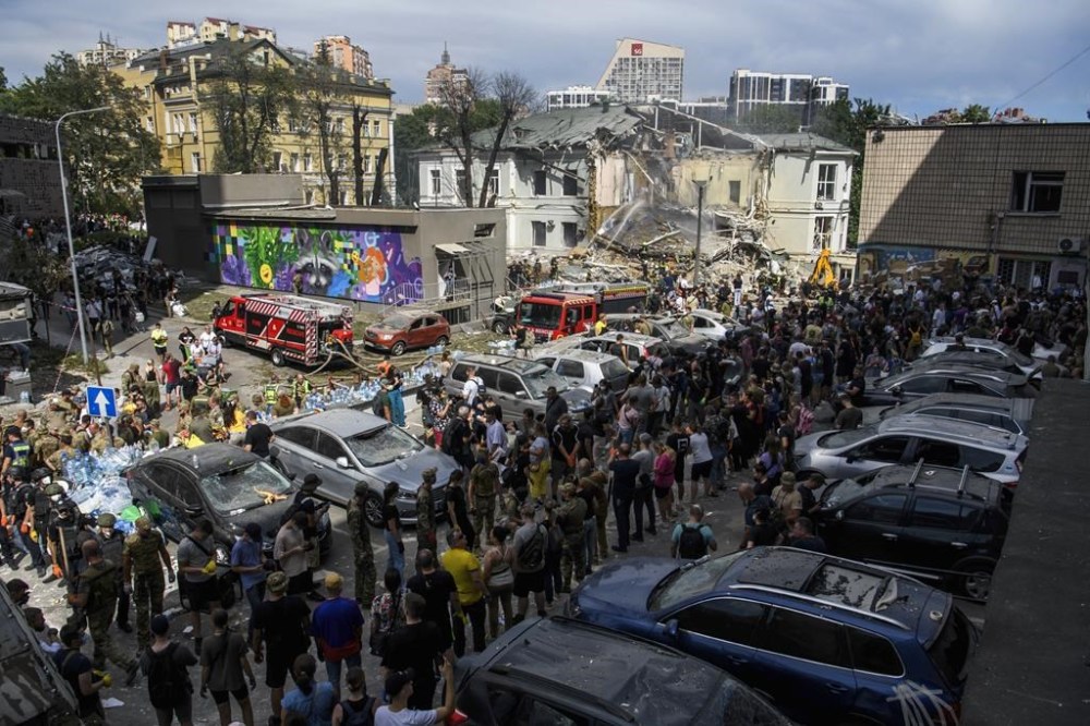 Rescuers and volunteers are working at Ohmatdyt Children's Hospital that was strongly damaged during a Russian missile strike in Kyiv, Ukraine, on July 08, 2024, amid the Russian invasion. Russia is massively attacking Ukraine with missiles on July 08. (Photo by Maxym Marusenko/NurPhoto via AP)
