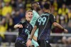 FILE - Los Angeles FC forward Stipe Biuk, centre, congratulates forward Denis Bouanga right, after his goal against the Nashville SC during the second half of an MLS soccer match Saturday, April 22, 2023 in Nashville, Tenn. Croatian forward Stipe Biuk has completed a transfer from Los Angeles Football Club in Major League Soccer to Spanish side Real Valladolid. (AP Photo/George Walker IV, File)