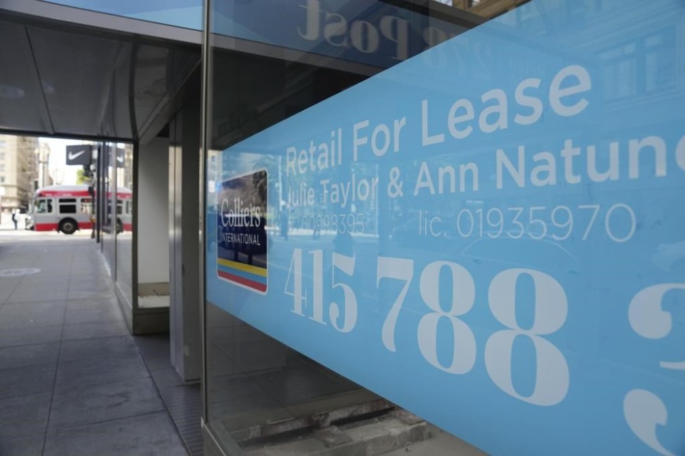 FILE - Retail spaces for lease are seen near Union Square in San Francisco, Feb. 27, 2024. Rent inflation is a pressure point for small businesses, according to new data from the Bank of America Institute. (AP Photo/Eric Risberg, File)