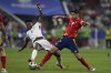 Aurelien Tchouameni of France, left, and Spain's Alvaro Morata compete for the ball during a semifinal match between Spain and France at the Euro 2024 soccer tournament in Munich, Germany, Tuesday, July 9, 2024. (AP Photo/Antonio Calanni)