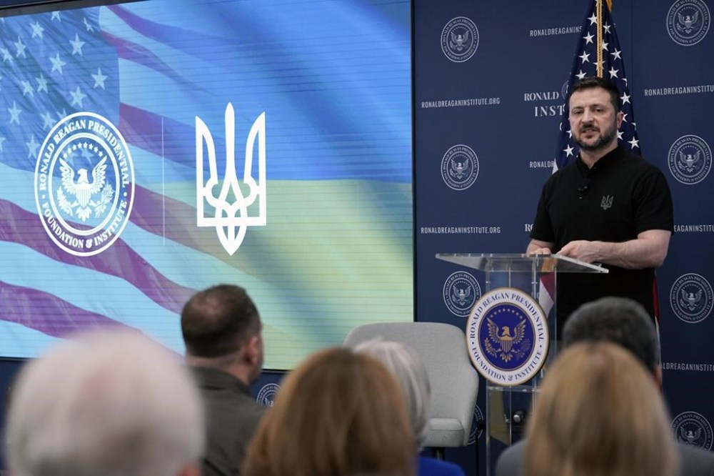 Ukrainian President Volodymyr Zelenskyy speaks at the Ronald Reagan Institute on the sideline of NATO Summit in Washington, Tuesday, July 9, 2024. (AP Photo/Jose Luis Magana)