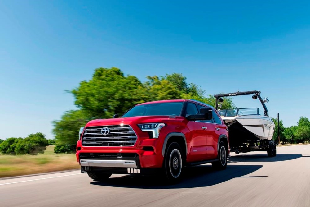 This photo provided by Toyota shows the 2024 Sequoia. The Sequoia can tow up to 9,520 pounds when properly equipped. (Courtesy of Toyota Motor Sales U.S.A. via AP)
