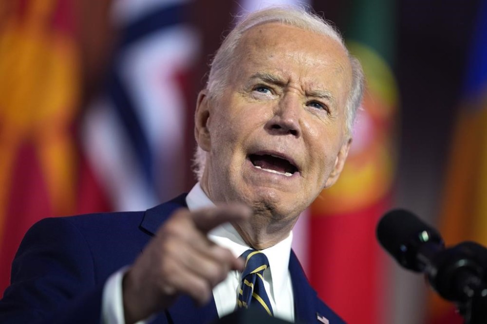 President Joe Biden delivers remarks on the 75th anniversary of NATO at the Andrew W. Mellon Auditorium, Tuesday, July 9, 2024, in Washington. (AP Photo/Evan Vucci)