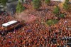 Fans of the team of the Netherlands gather for a fan walk towards the stadium ahead of a semifinal match between Netherlands and England at the Euro 2024 soccer tournament in Dortmund, Germany, Wednesday, July 10, 2024. (AP Photo/Markus Schreiber)