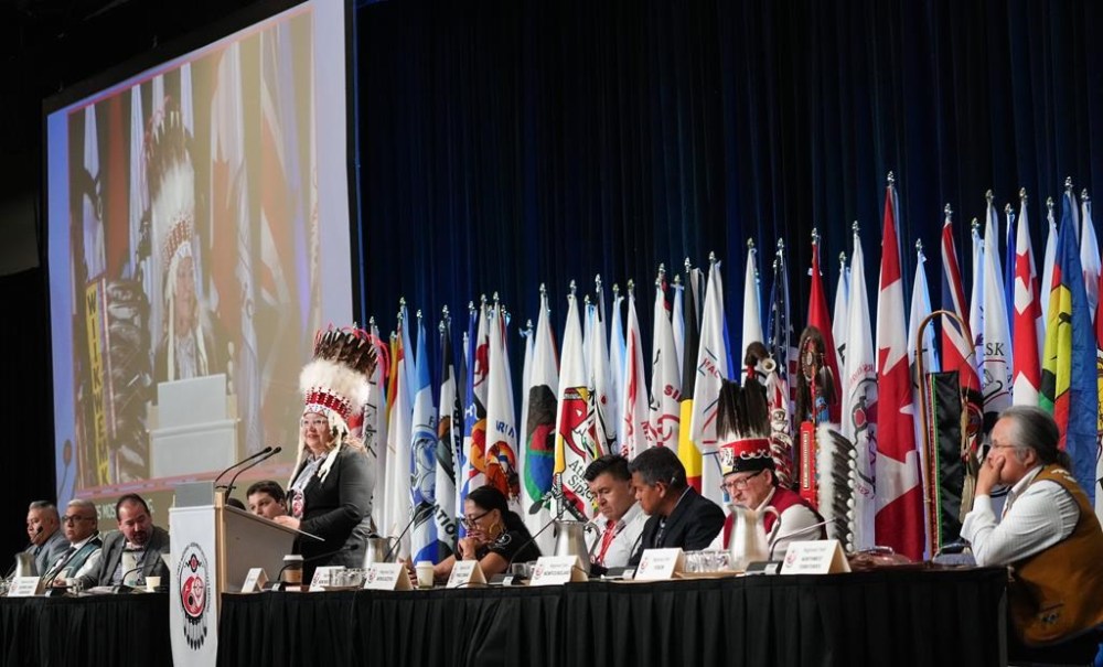 National Chief Cindy Woodhouse Nepinak gives her opening address at the Assembly of First Nations annual general assembly in Montreal, Tuesday, July 9, 2024. Chiefs at the Assembly of First Nations annual general assembly passed a resolution calling for an independent inquiry into the killings of three First Nations women in Manitoba. THE CANADIAN PRESS/Christinne Muschi