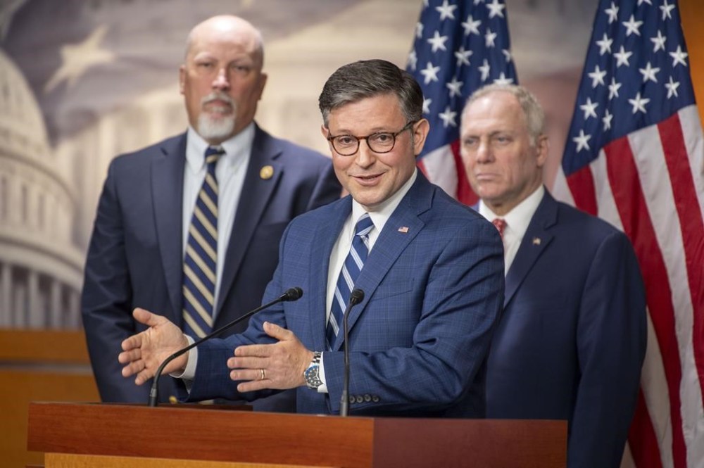 Speaker of the House Mike Johnson, R-La., speaks at a news conference with Rep. Chip Roy, R-Texas, left, House Majority Leader Steve Scalise, R-La., right, at the Capitol on Tuesday, July 9, 2024 in Washington. (AP Photo/Kevin Wolf)