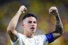 Colombia's James Rodriguez celebrates after their victory over Uruguay in a Copa America semifinal soccer match in Charlotte, N.C., Wednesday, July 10, 2024. (AP Photo/Jacob Kupferman)