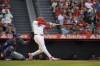 Los Angeles Angels' Mickey Moniak, right, hits a three-run home run as Texas Rangers catcher Jonah Heim watches during the second inning of a baseball game Wednesday, July 10, 2024, in Anaheim, Calif. (AP Photo/Mark J. Terrill)