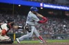 Toronto Blue Jays' Alejandro Kirk hits an RBI single against the San Francisco Giants during the sixth inning of a baseball game Wednesday, July 10, 2024, in San Francisco. (AP Photo/Godofredo A. Vásquez)