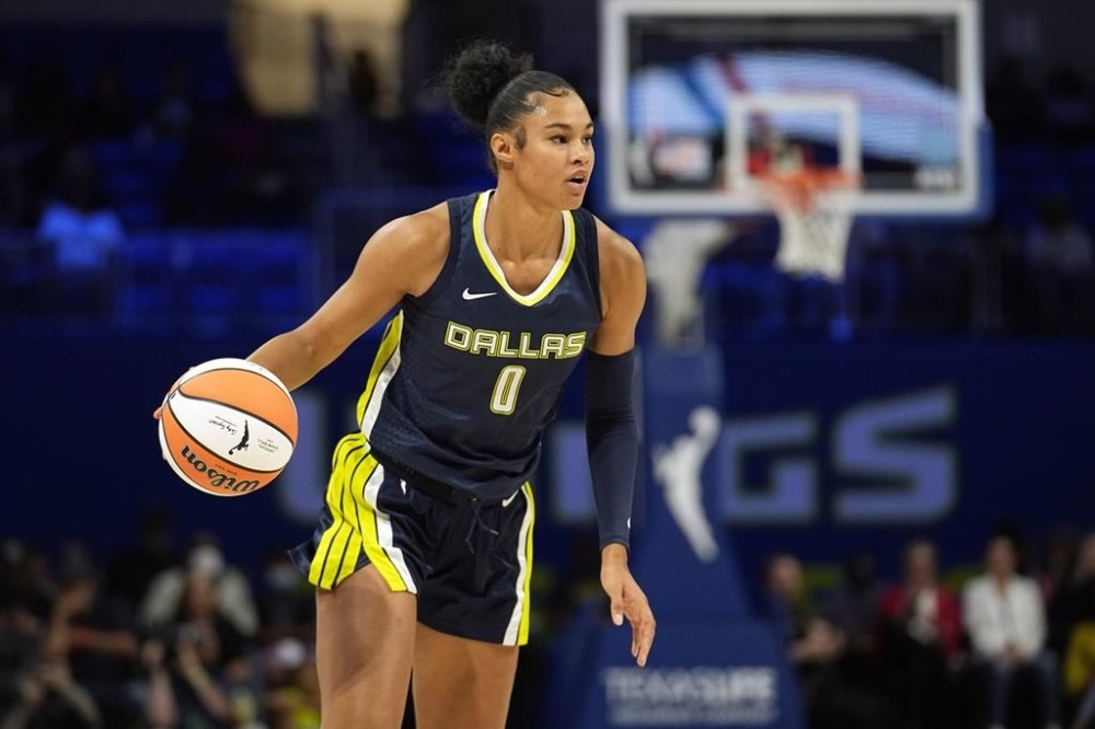 FILE - Dallas Wings forward Satou Sabally brings the ball up during the team's WNBA basketball game against the Phoenix Mercury, June 7, 2023, in Arlington, Texas. Germany is making its first Olympic appearance led by the Sabally sisters: Nyara and Satou. (AP Photo/Tony Gutierrez, File0