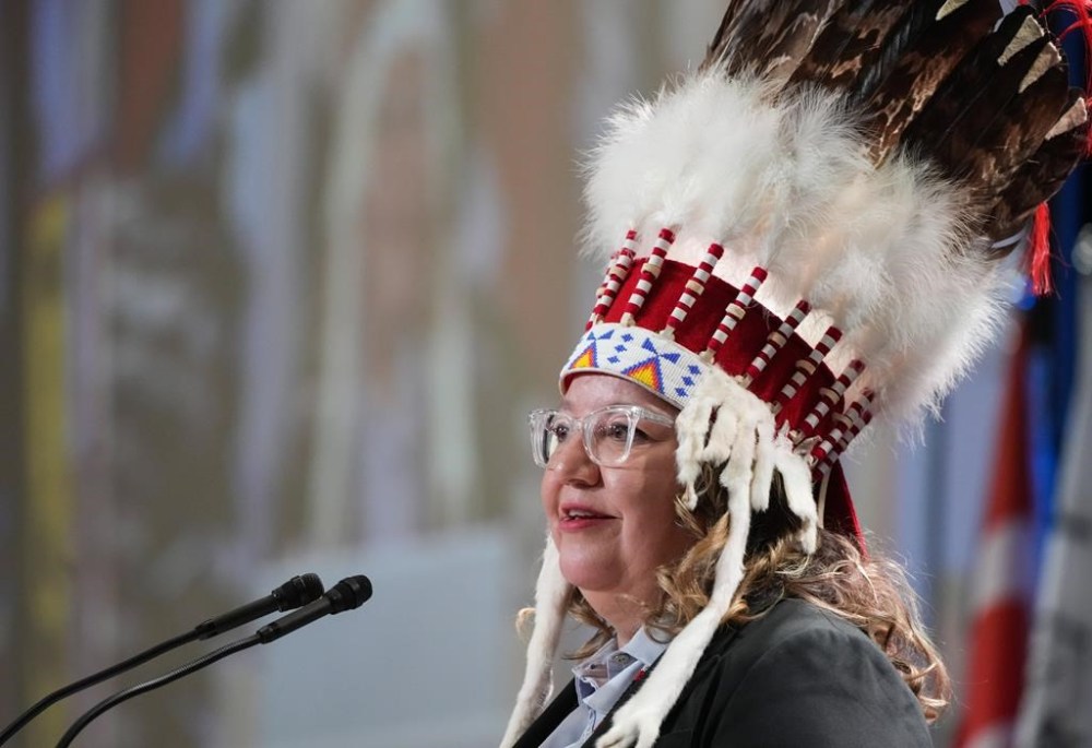 National Chief Cindy Woodhouse Nepinak gives her opening address at the Assembly of First Nations annual general assembly in Montreal, Tuesday, July 9, 2024. THE CANADIAN PRESS/Christinne Muschi